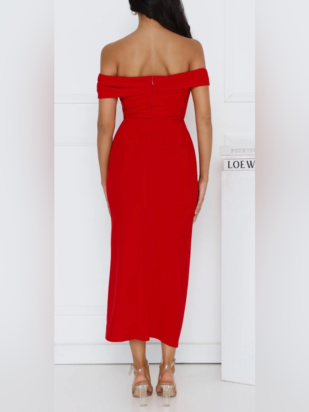 HELLO MOLLY Red Isolde Off Shoulder Ruched Slit Maxi Dress - Picture 3 of 7
